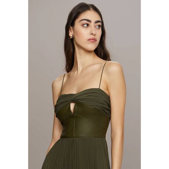 AMUR Linda Leather Crepe Midi Dress Olive Green 8 Sleeveless Cocktail Fit Flare - Picture 5 of 7